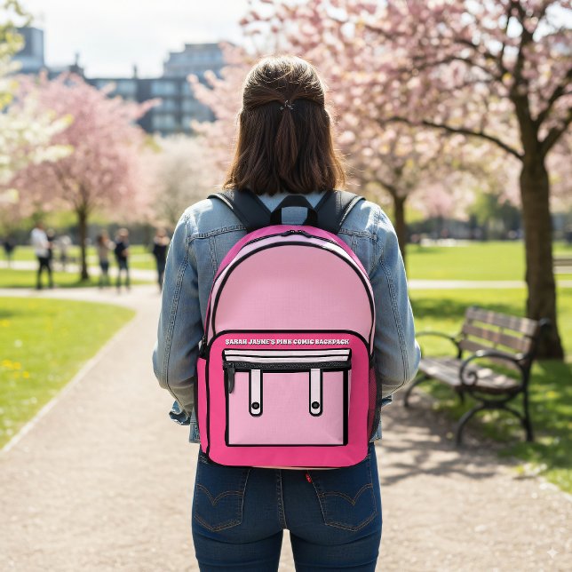 Pink Comic Style Cartoon Printed Backpack (A fun cartoon comic style backpack with space for your name)