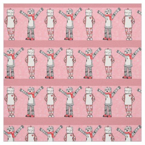 Pink Comic Style Lovebird Robots Patterned Fabric