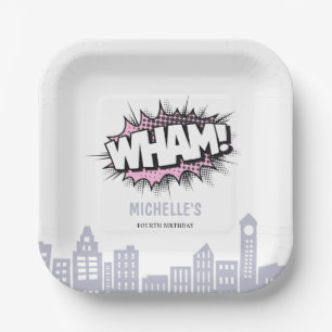 Pink Comics Book Superhero Birthday Paper Plates