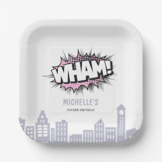 Pink Comics Book Superhero Birthday Paper Plates