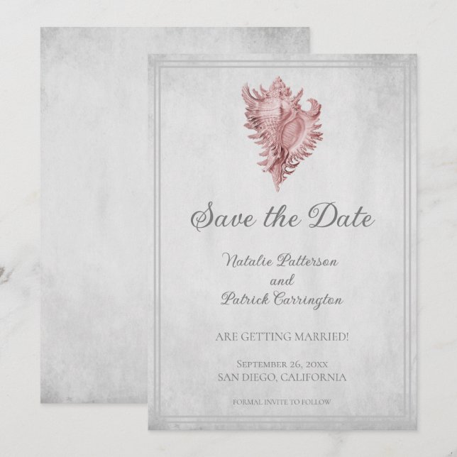 Pink Conch Shell Save the Date Invite (Front/Back)