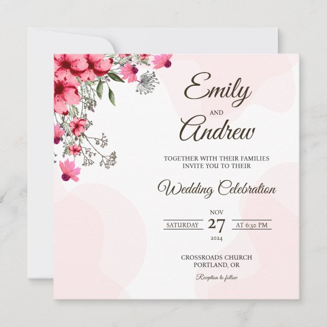 Pink Coneflower Floral Watercolor Square Wedding Invitation (Front)