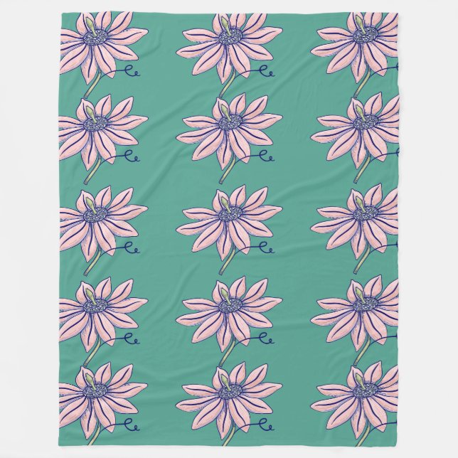 Pink Coneflower Teal Pattern Fleece Blanket (Front)
