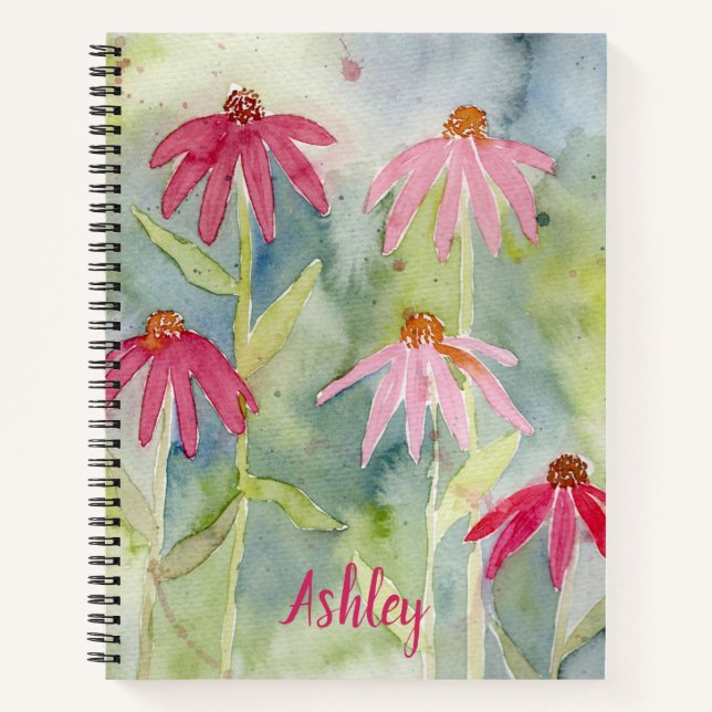 Pink Coneflower Watercolor Personalized Notebook (Front)