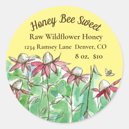 Pink Coneflowers Bees Honey For Sale Classic Round Sticker