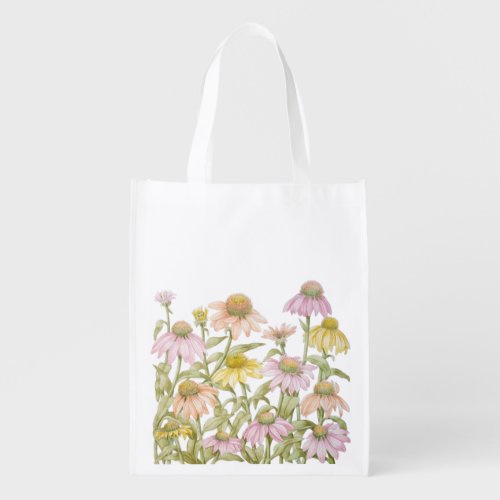 Pink Coneflowers Daisies Floral Botanical Art Grocery Bag