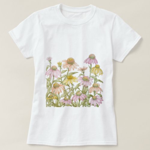 Pink Coneflowers Daisy Floral Botanical Art T_Shirt
