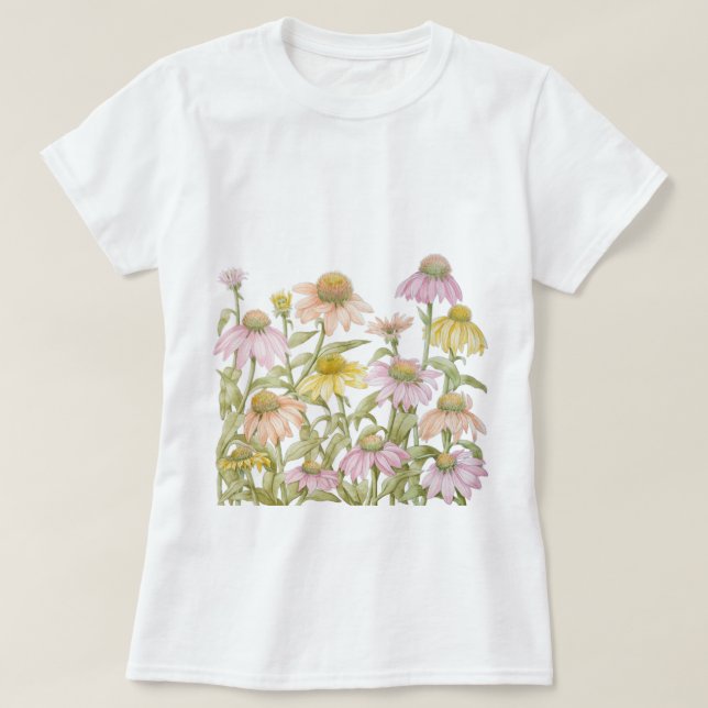 Pink Coneflowers Daisy Floral Botanical Art T-Shirt (Design Front)
