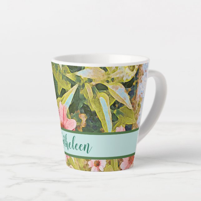 Pink Coneflowers Green Leaves Name Personalize Latte Mug (Right Angle)