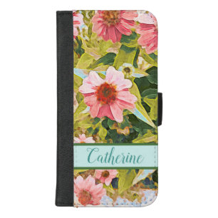 Pink Coneflowers Green Leaves Name Personalized iPhone 8/7 Plus Wallet Case