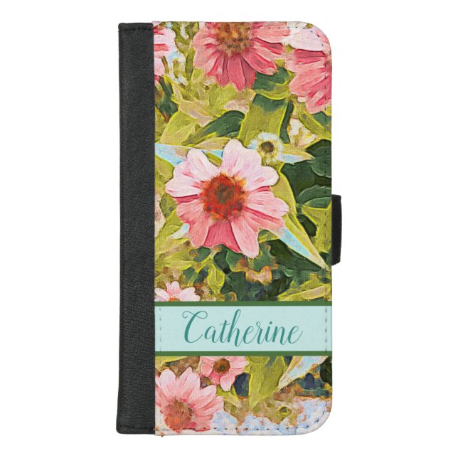 Pink Coneflowers Green Leaves Name Personalized iPhone Wallet Case (Front)