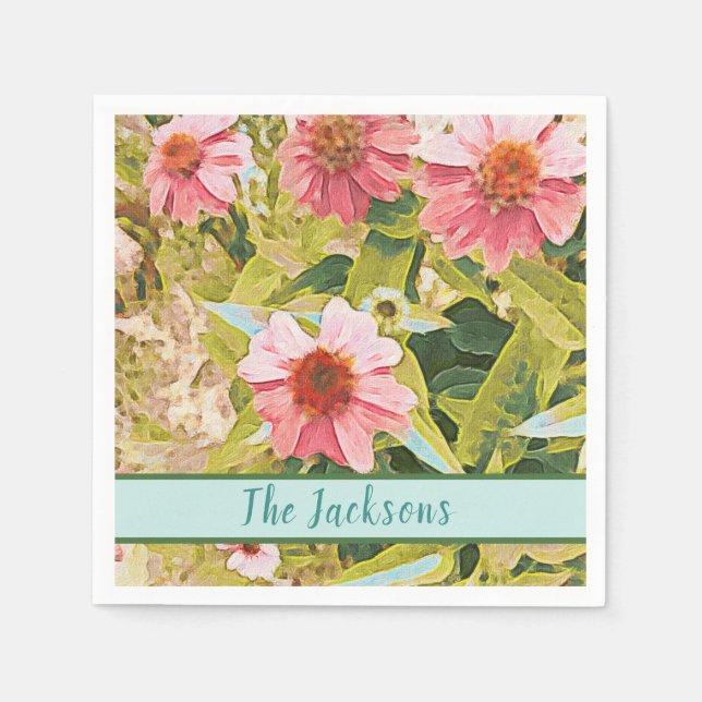 Pink Coneflowers Green Leaves Name Personalized Napkins (Front)