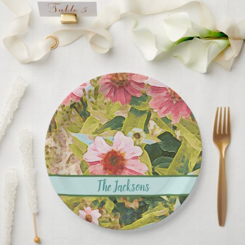 Pink Coneflowers Green Leaves Name Personalized Paper Plates