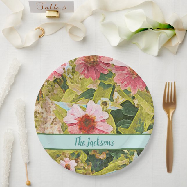 Pink Coneflowers Green Leaves Name Personalized Paper Plates (Wedding)