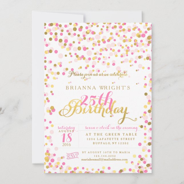 Pink Confetti and Gold Foil Birthday Party Invitation (Front)