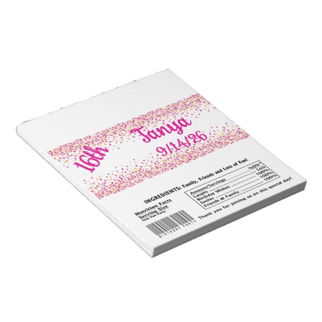 Pink Confetti Candy Bar Wrapper Party Favor Notepad (Angled)