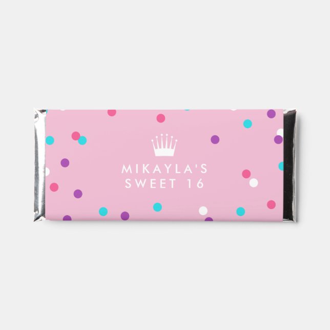 Pink Confetti Crown Sweet 16 Birthday Party Hershey Bar Favors (Front)