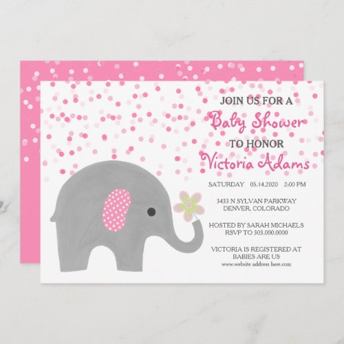 Pink Confetti Elephant Baby Girl Shower Invitation