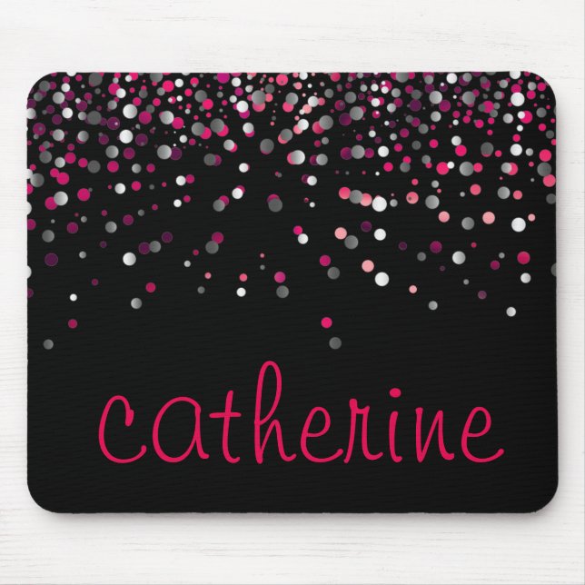Pink Confetti Glitter Black Faux Foil Glittery Mouse Pad (Front)