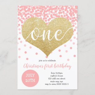 Pink Confetti Gold Heart ONE Girl First Birthday Invitation