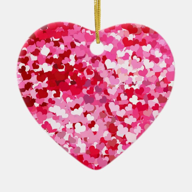 Pink Confetti Hearts Ceramic Ornament (Front)