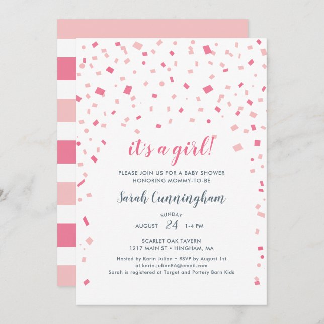Pink Confetti It's a Girl Baby Shower Invitation (Front/Back)