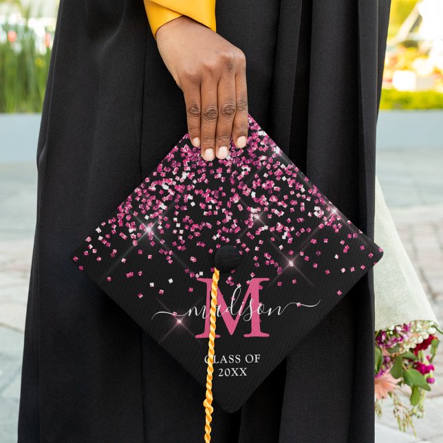 Pink Confetti Monogram Name Graduation Cap Topper (Creator Uploaded)