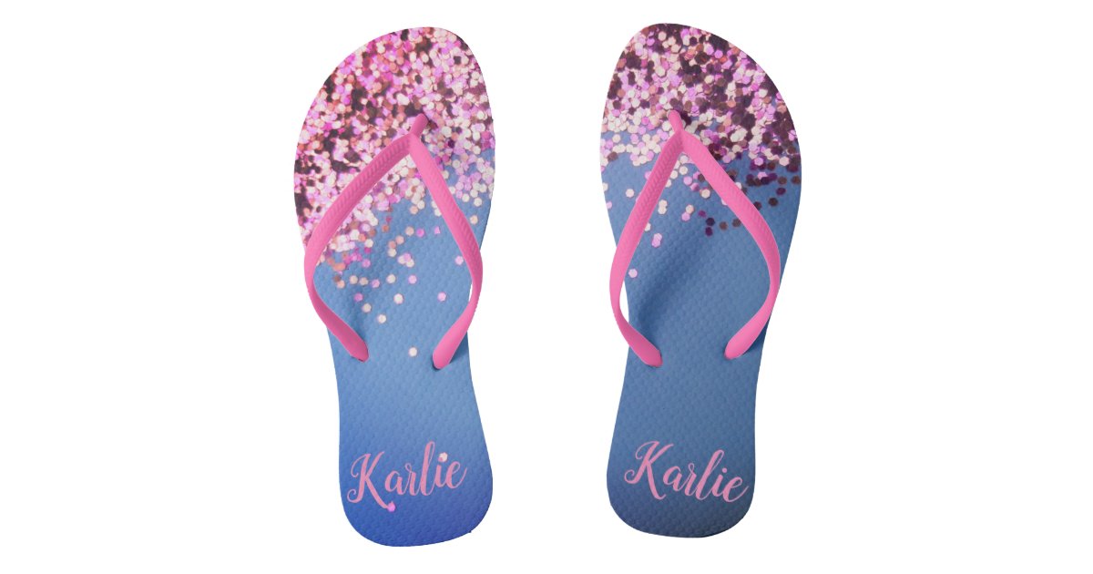 Pink confetti on blue personalized flip flops Zazzle