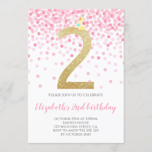Pink Confetti Party Gold Number Girl 2nd Birthday Invitation
