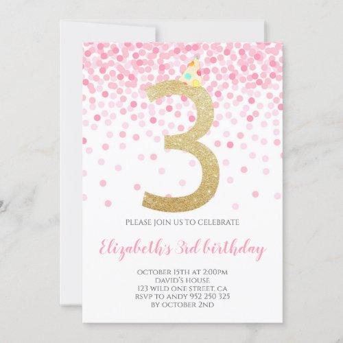 Pink Confetti Party Gold Number Girl 3rd Birthday Invitation