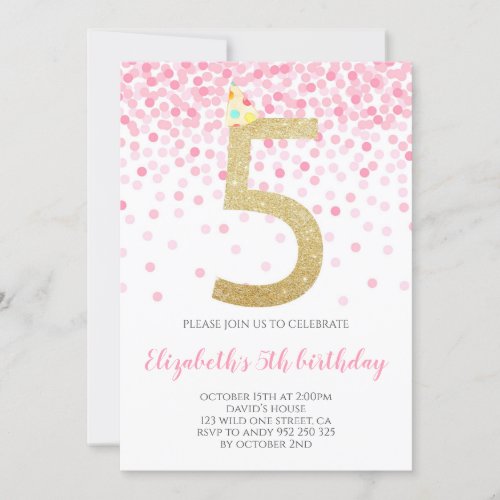 Pink Confetti Party Gold Number Girl 5th Birthday Invitation