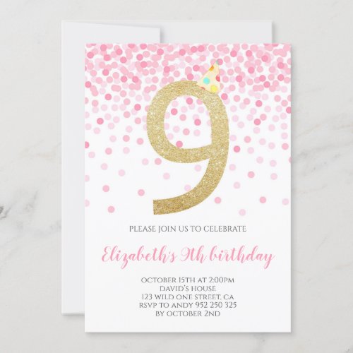Pink Confetti Party Gold Number Girl 9th Birthday Invitation