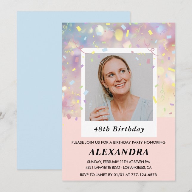 Pink Confetti Photo 48th birthday invitations  (Front/Back)