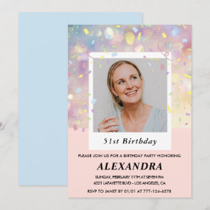 Pink Confetti Photo 51st birthday invitations 