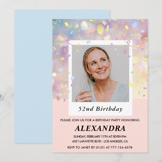 Pink Confetti Photo 52nd birthday invitations  (Front/Back)