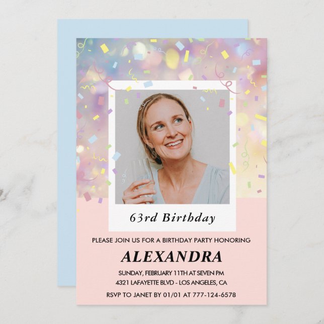 Pink Confetti Photo 63rd birthday invitations  (Front/Back)