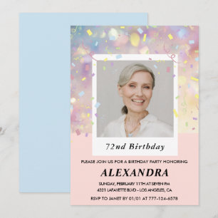 Pink Confetti Photo 72nd birthday invitations 