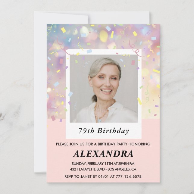 Pink Confetti Photo 79th birthday invitations  (Front)