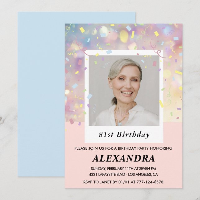 Pink Confetti Photo 81st birthday invitations  (Front/Back)