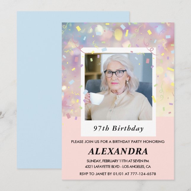 Pink Confetti Photo 97th birthday Invitation (Front/Back)