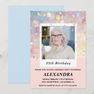 Pink Confetti Photo 99th birthday Invitation