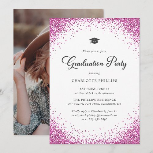 Pink Confetti Photo Graduation Party Invitation