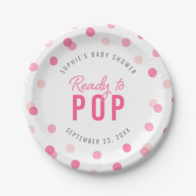 Pink Confetti Ready to Pop Baby Shower Paper Plates (Front)