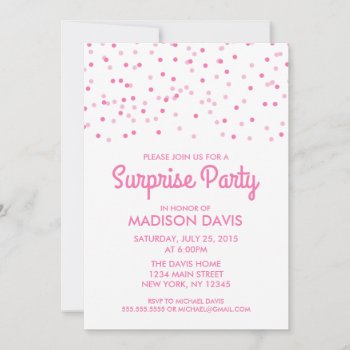 Pink Confetti Surprise Birthday Party Invitation by cardeddesigns at Zazzle