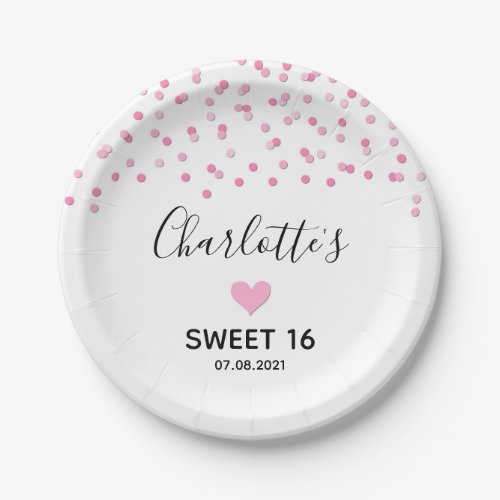 Pink Confetti Sweet 16 Birthday Party Paper Plates