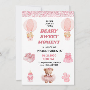 PINK CONFETTI TOP 5X7 BEAR GIRL BABY SHOWER INVITATION