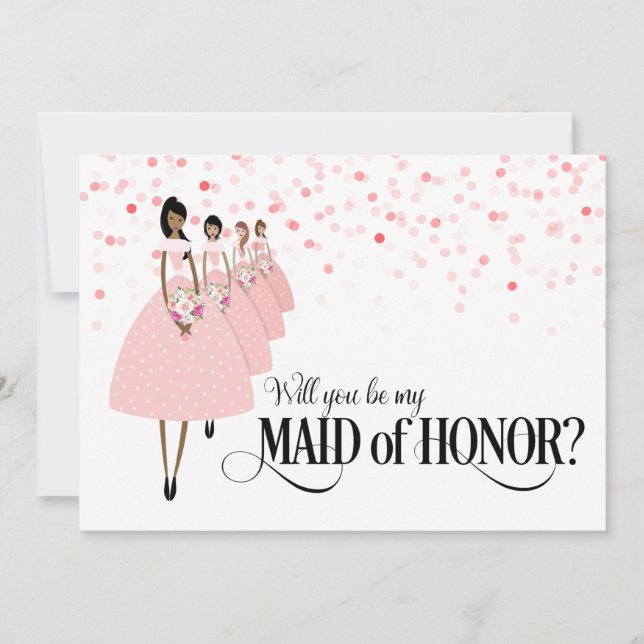 Pink Confetti Will You Be My Maid of Honor Ethnic Invitation (Front)