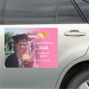 Pink Congrats Graduation with a Custom Photo Car Magnet