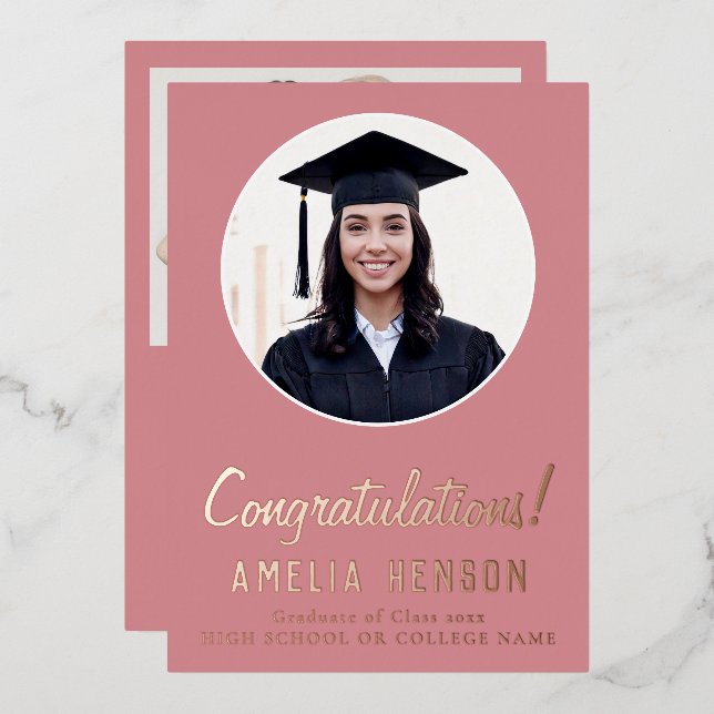 Pink Congratulations Graduate 2 Photo Graduation Foil Holiday Card (Front/Back)