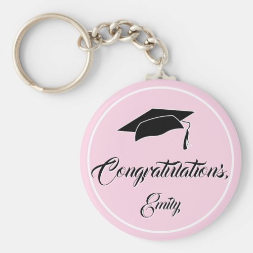 Pink Congratulations Graduation Cap Keychain - Pink Congratulations Graduation Cap keychain. Graduate name,  graduation cap, modern white typography text Congratulations. Personalize with your name.